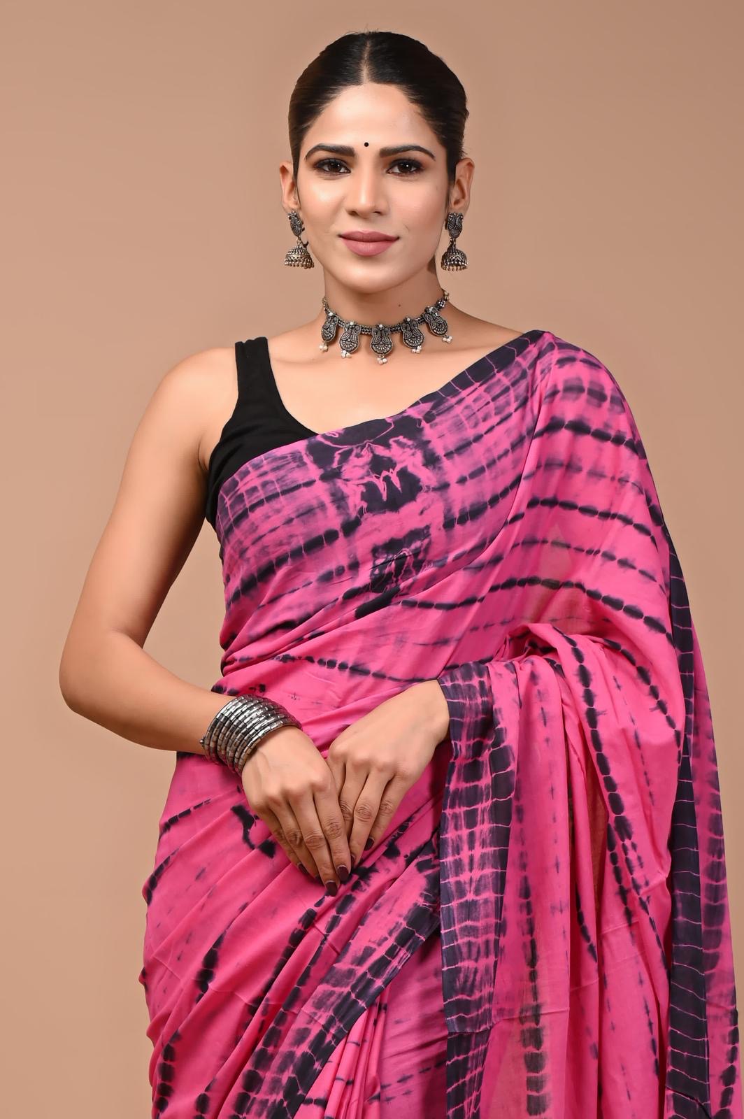 Pre-Order New Bagru Tie Dye Shibori print mulmul pure cotton sarees with running blouse