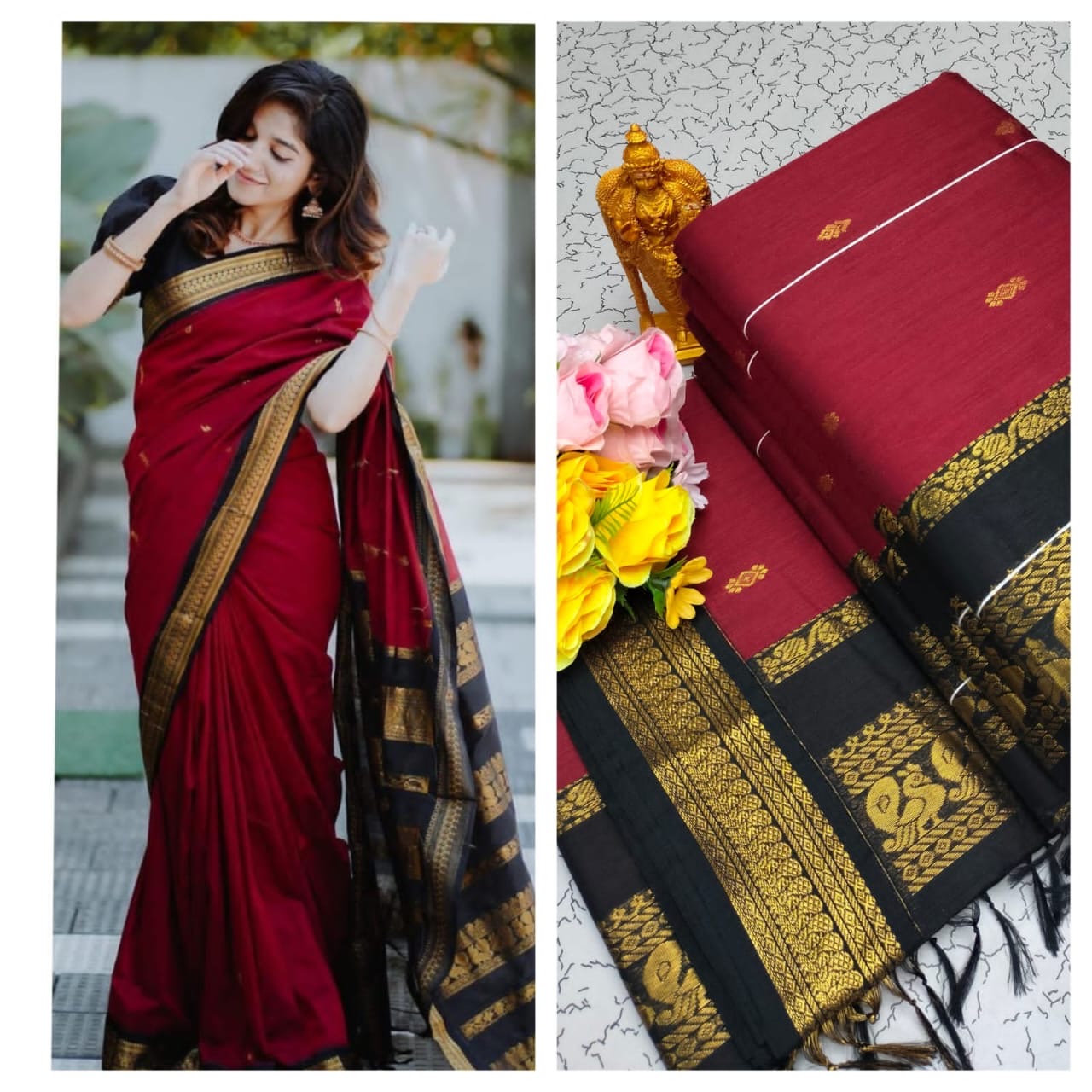 Premium Quality Kalyani cotton saree/Lata Gadwal Paithani : maroon and black