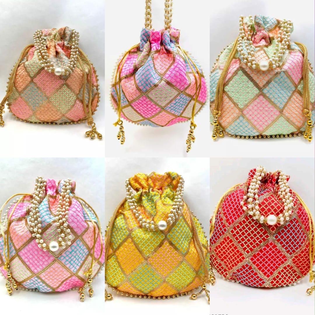 Beautiful double side embroidery work with pearl handle : Potlis for return gifts