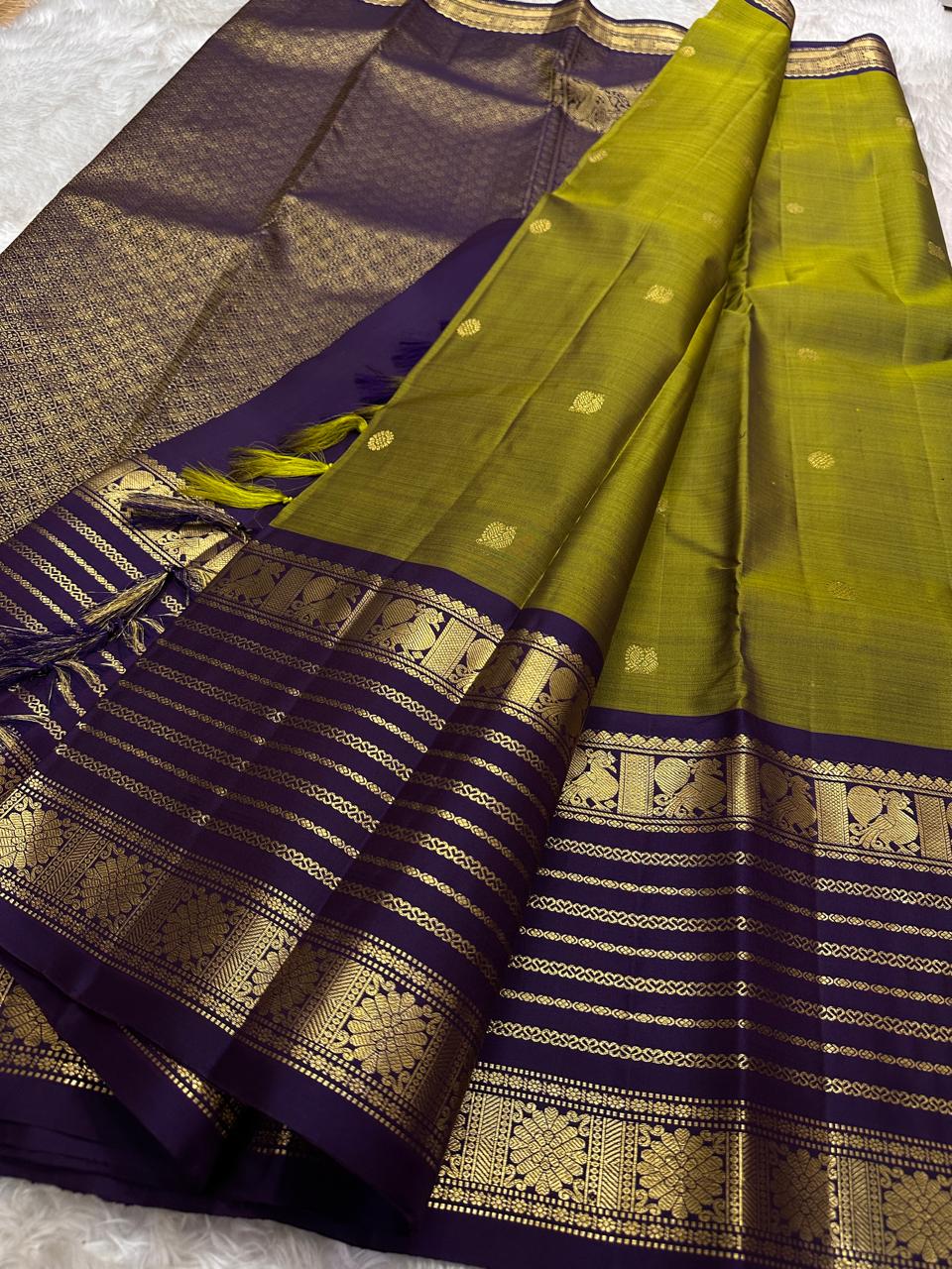 New arrival bridal & festival collection : Pure handloom Kanchipuram silk saree with retta border peacock design 2g gold
