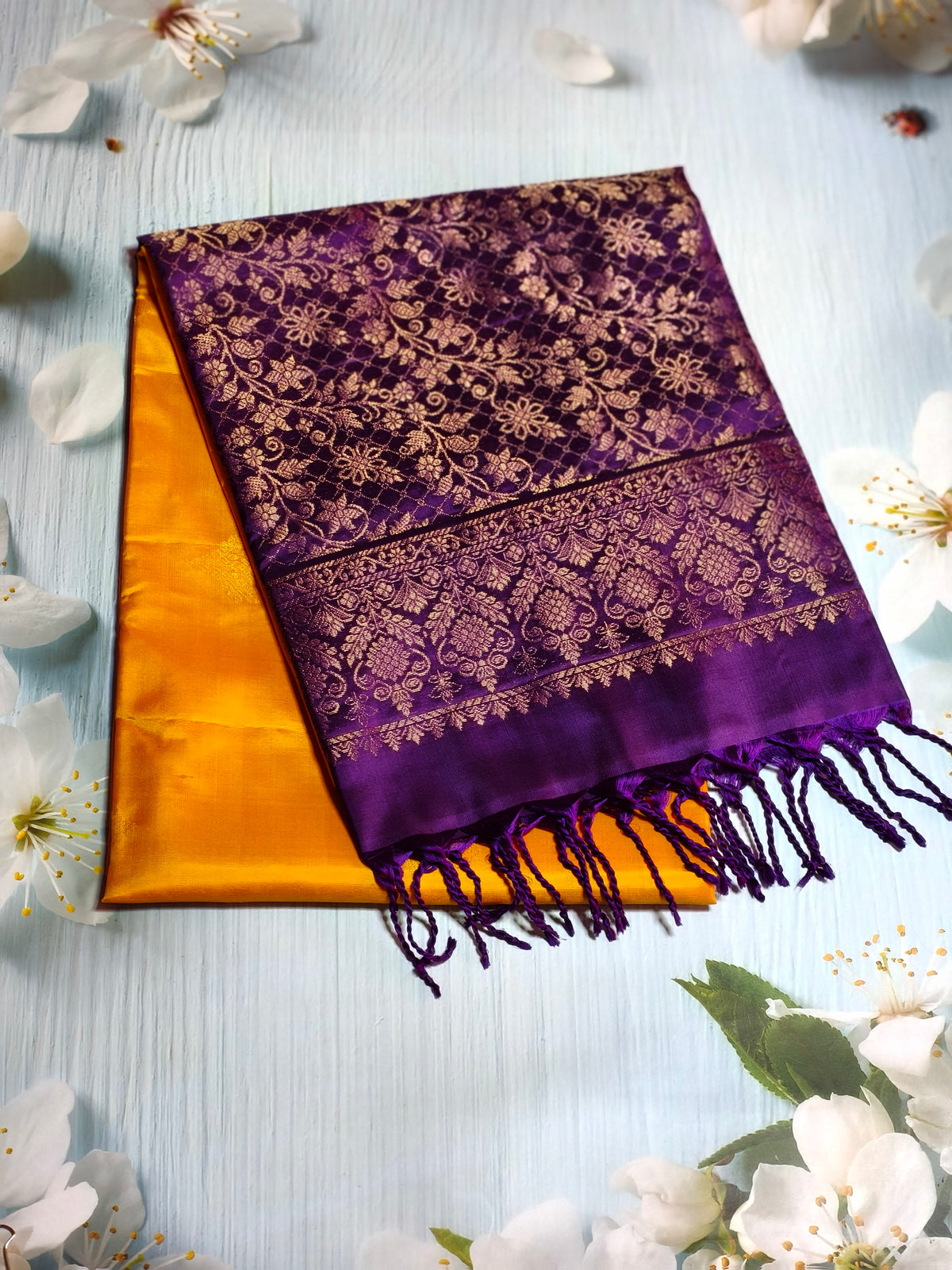 Bright yellow with dark purple beautiful handloom pure soft silk saree