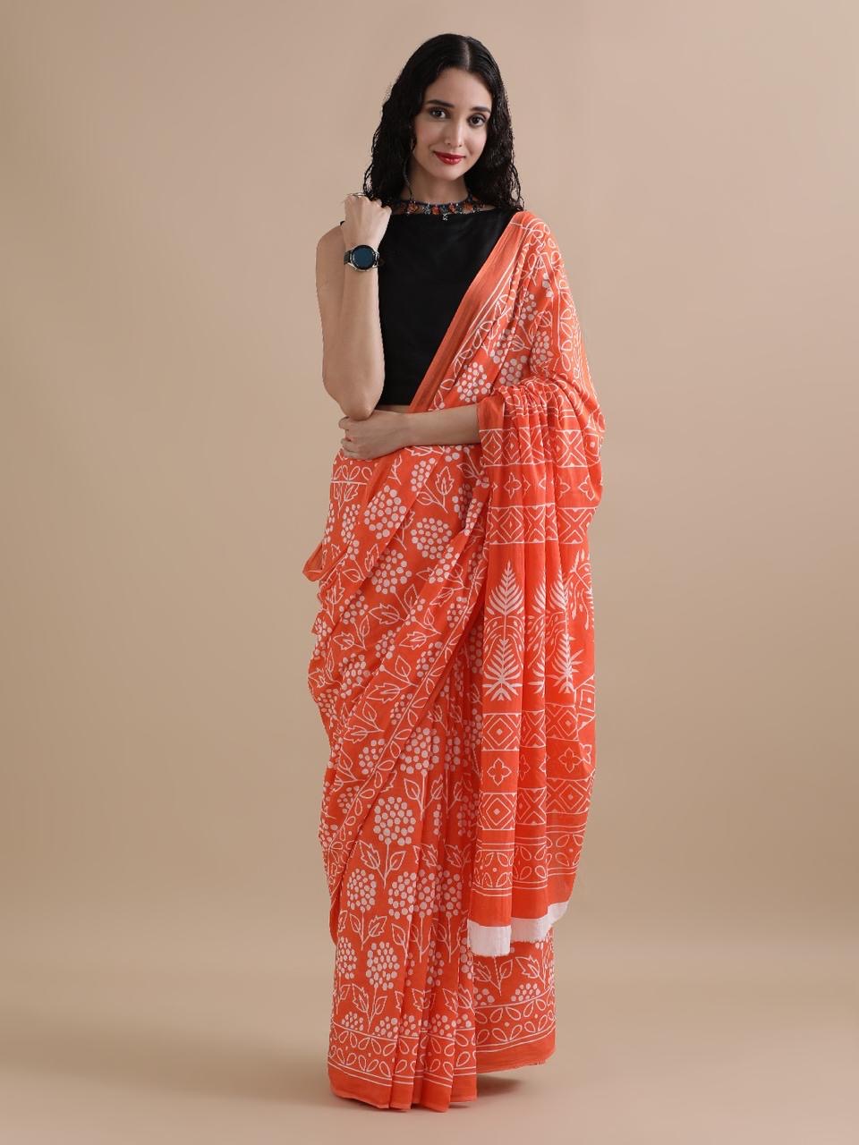 Pre-Order Bagru Block Print Cotton mulmul Sarees With Running Blouse