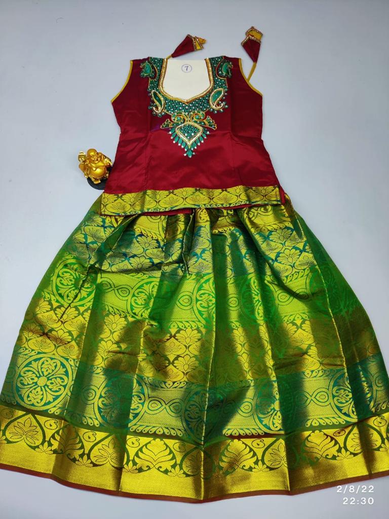 Age Girls ethnic pattu pavadai set Green skirt with maroon