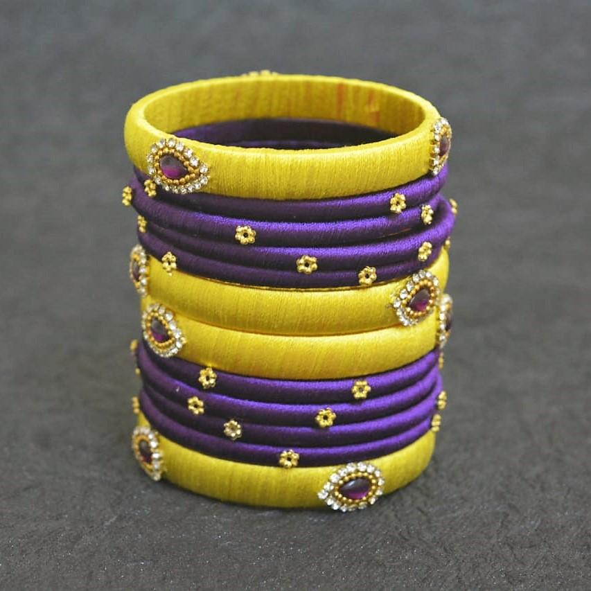 Pre order Yellow with Purple silk thread bangles.