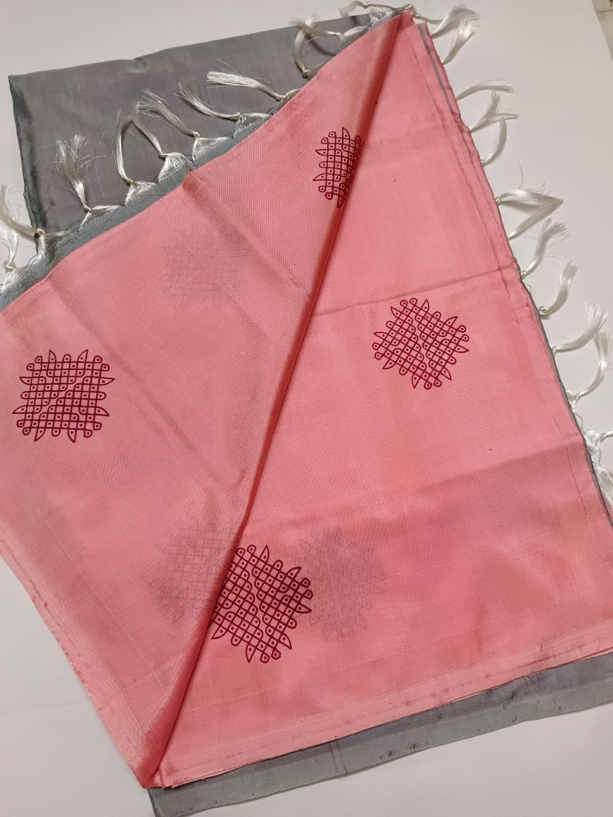 Brand new design vegan silk saree without blouse: Coral peach BODY WITH maroon KOLAM BUTTA AND METALIC GREY PALLU