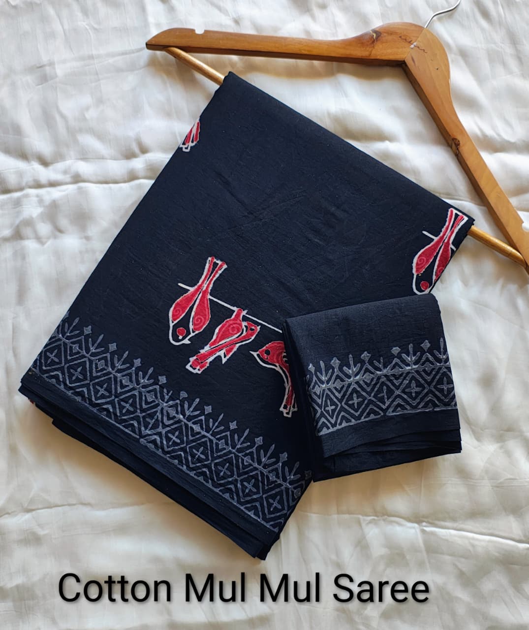 Pre-Order Black Bagru handBlock Print Cotton mulmul Sarees With Running Blouse