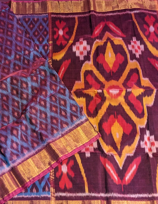 Chanderi cotton purple pochampalli saree with contrast pallu and plain blouse