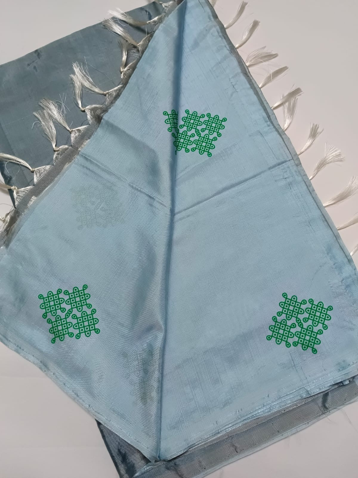 Brand new design vegan silk saree without blouse : METALIC SKYBLUE BODY WITH GREEN PRINTED KOLAM BUTTA AND METALIC GREY PALLU