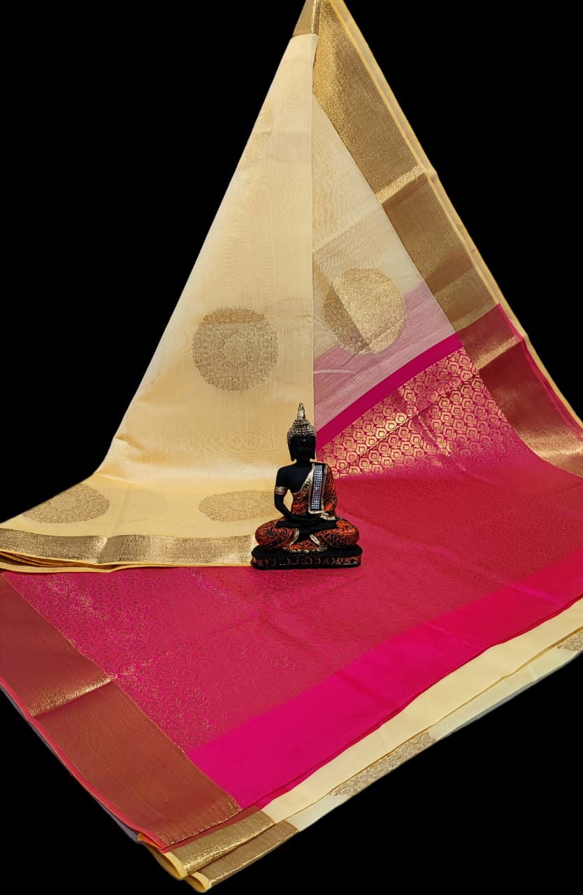 Pre-order Handloom Mercerized silk cotton sarees with all over chakra butta and korvai design.