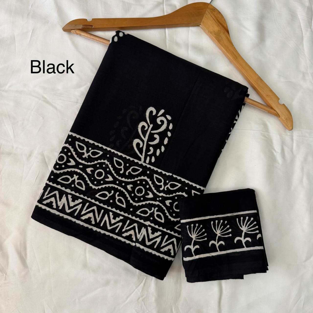 Pre-Order Black Bagru handBlock Print Cotton mulmul Sarees With Running Blouse