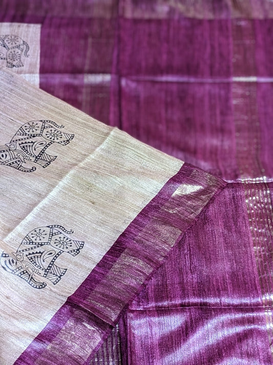 Pretty elephant print Pure Tussar Gicha Silk Saree