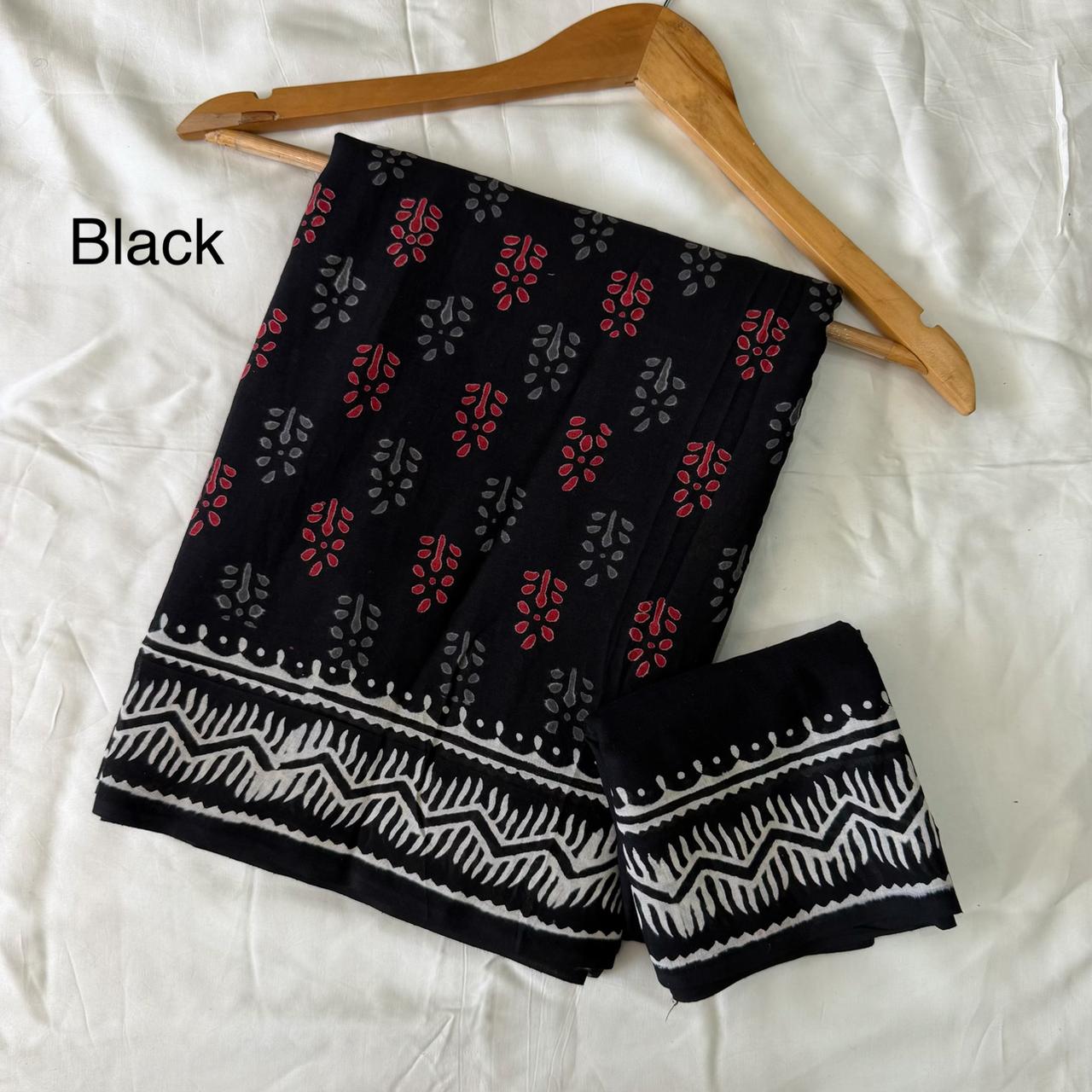 Pre-Order Black Bagru handBlock Print Cotton mulmul Sarees With Running Blouse