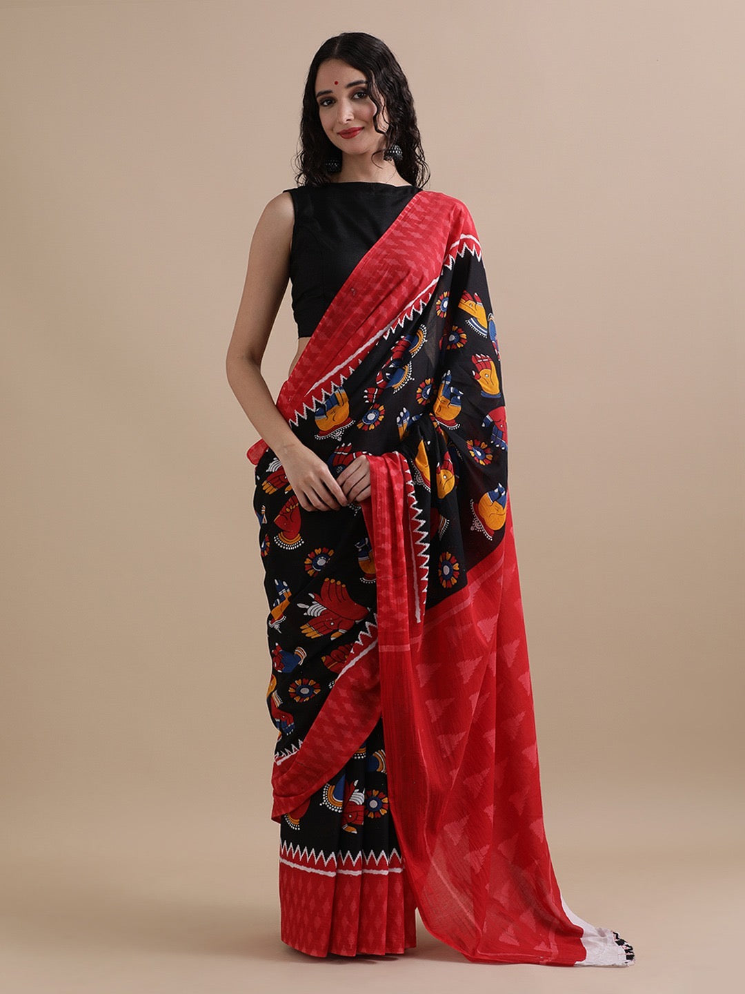 Pre order Pretty black body with Mudras printed pure cotton saree