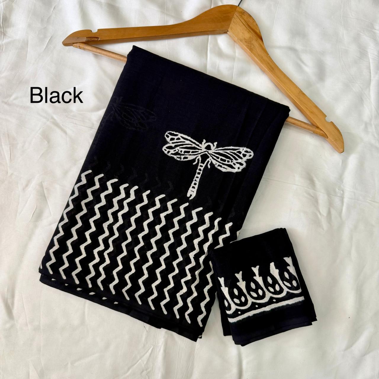 Pre-Order Black Bagru handBlock Print Cotton mulmul Sarees With Running Blouse