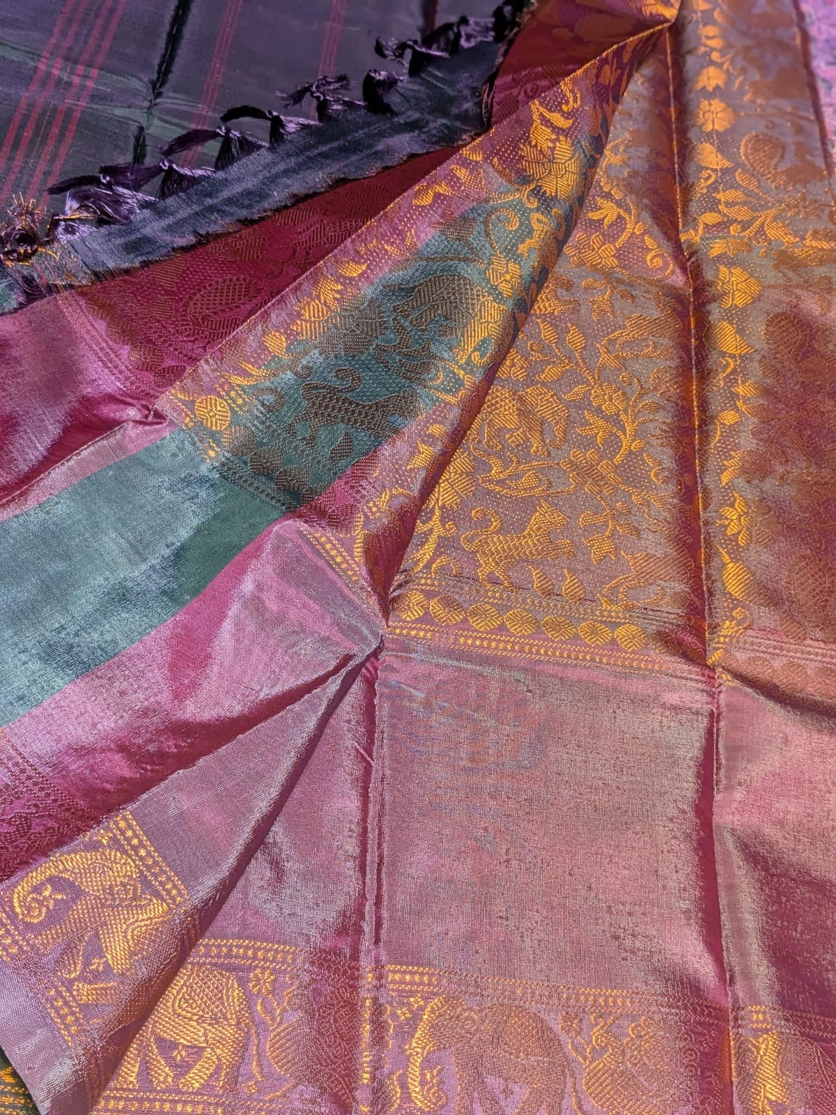 Brand New design Banana Silk Saree without blouse : GRAPE BODY WITH COPPER ZARI AND  PEACOCK BLUE PALLU.