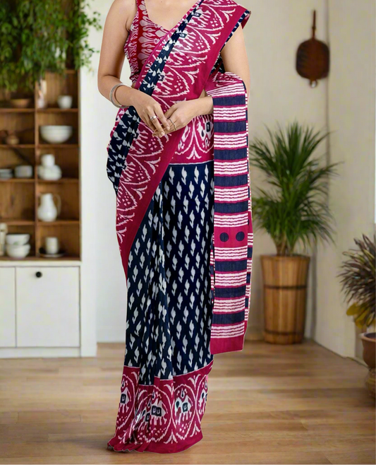 Beautiful Handblock printed pure cotton mulmul saree with blouse