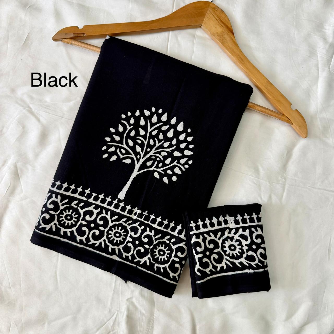 Pre-Order Black Bagru handBlock Print Cotton mulmul Sarees With Running Blouse