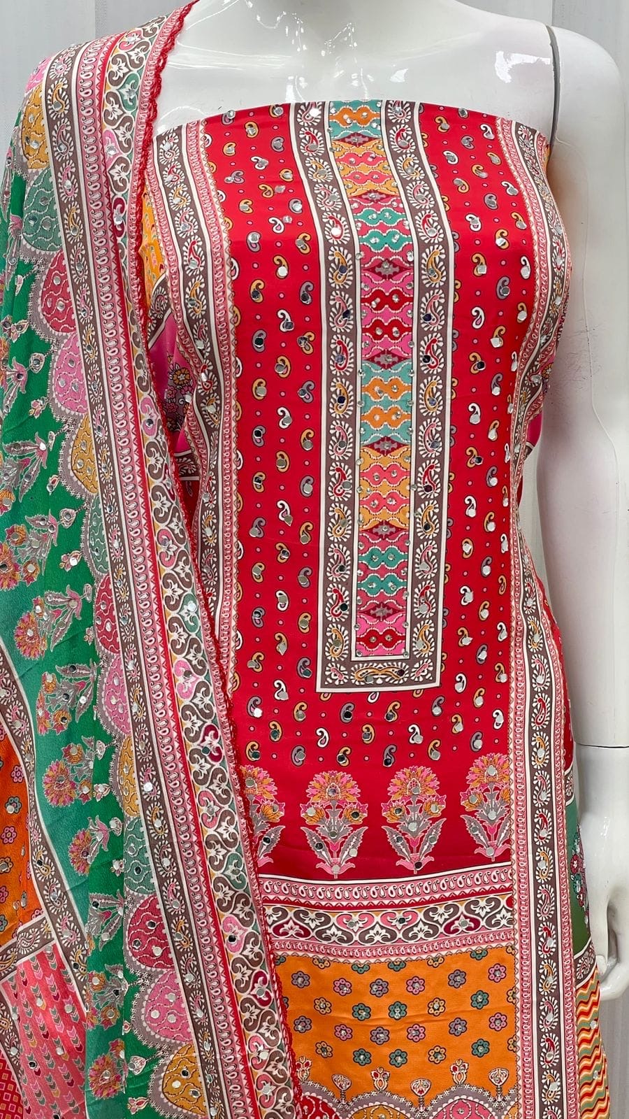 Pre order unstitched salwar suit material : MASLIN KARACHI DIGITAL PRINT MIRROR