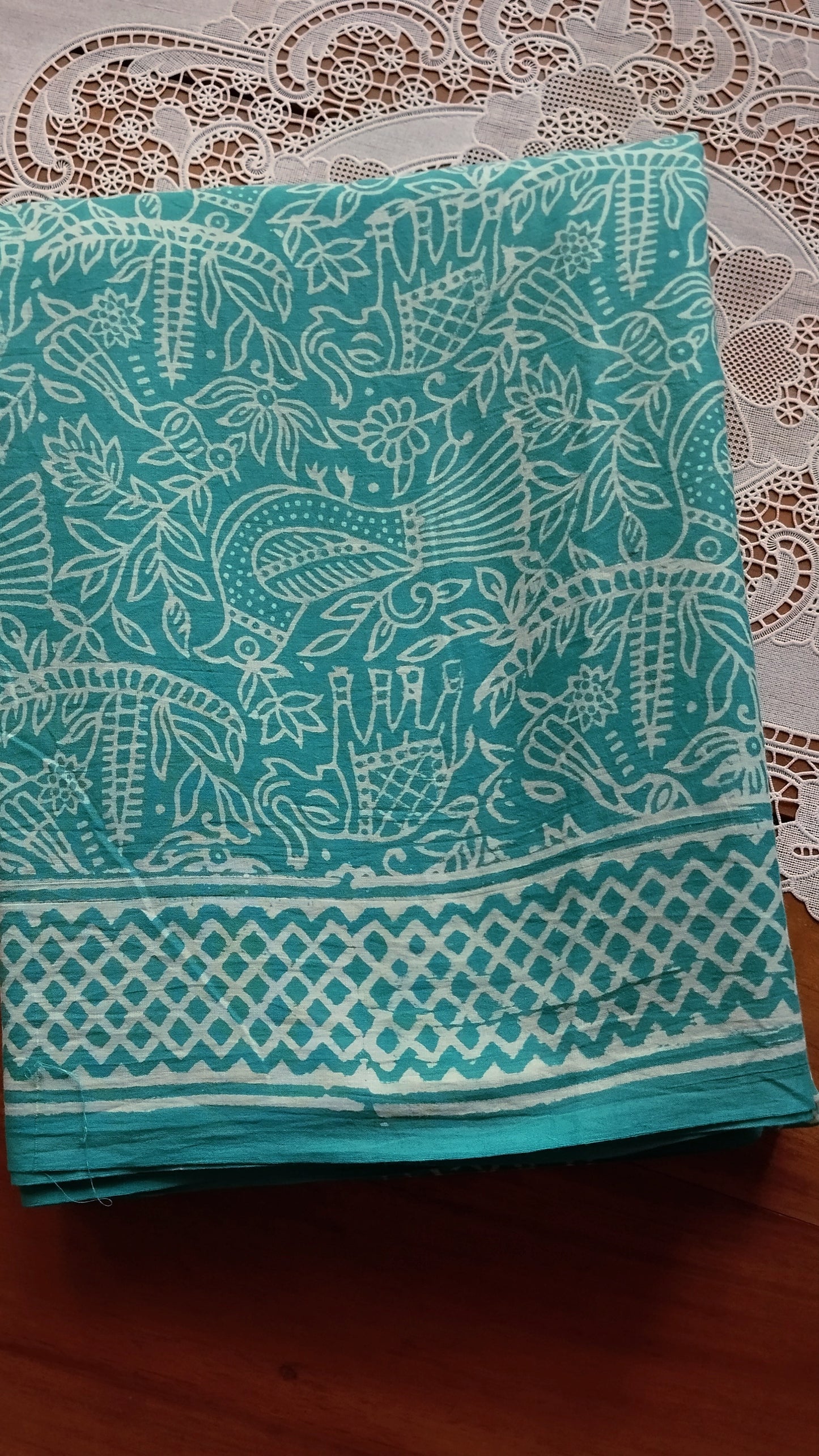 Soft hand printed premium teal green mulmul cotton saree with blouse