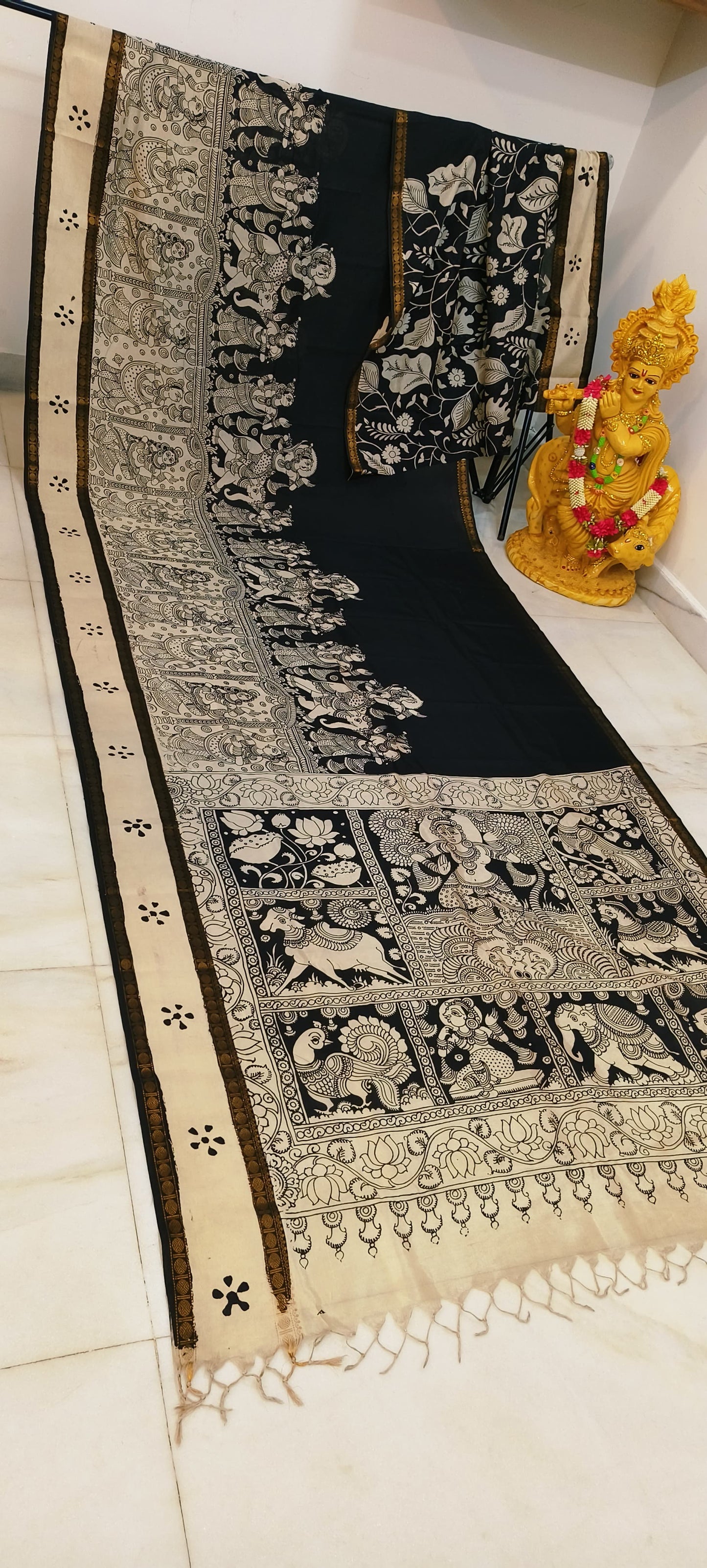 Pre Order Kalamkari Bangalore silk with designer zari border black and white sarees