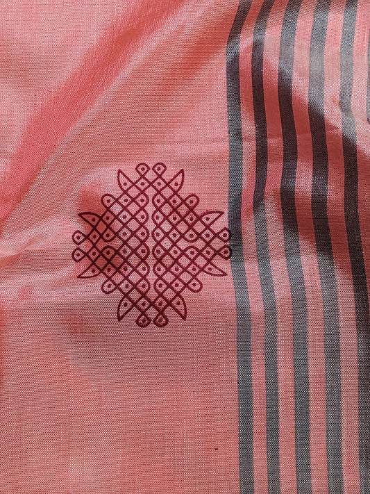 Brand new design vegan silk saree without blouse: Coral peach BODY WITH maroon KOLAM BUTTA AND METALIC GREY PALLU