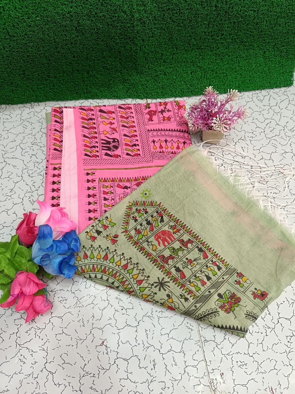 Pre-order Lovely Madhubani block print saree Cotton silk - Contact by chat for colour availability