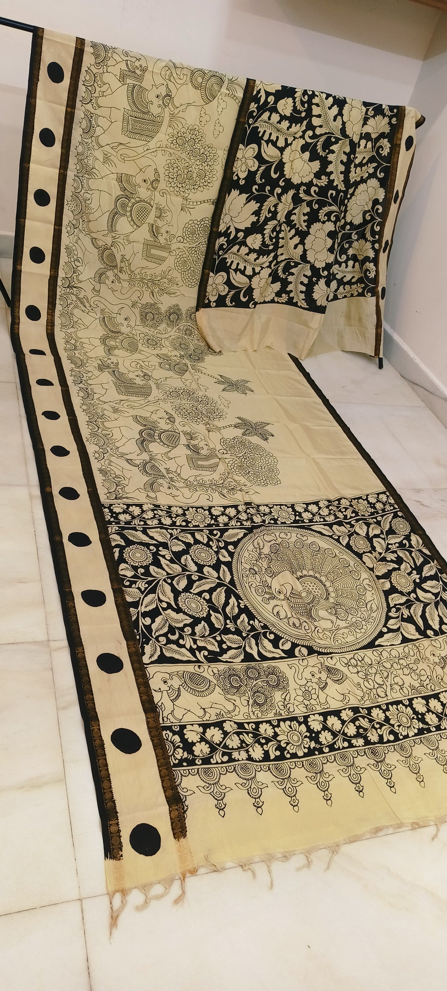 Pre Order Kalamkari Bangalore silk with designer zari border black and white sarees