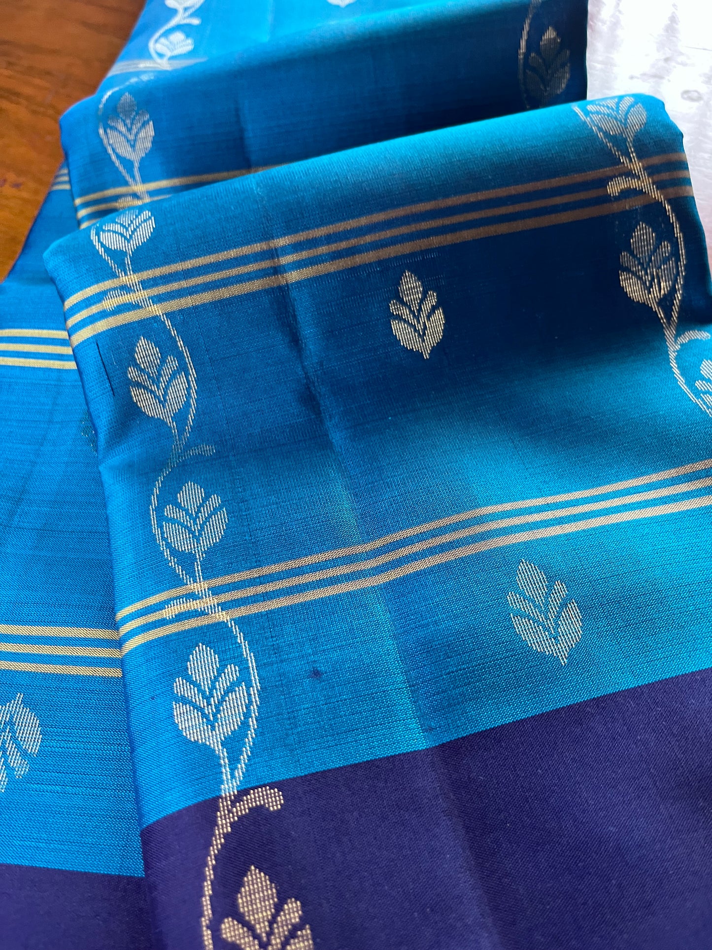 New arrival: Handloom Double Warp beautiful sky blue with navy blue triple striped floral Soft Silk Saree