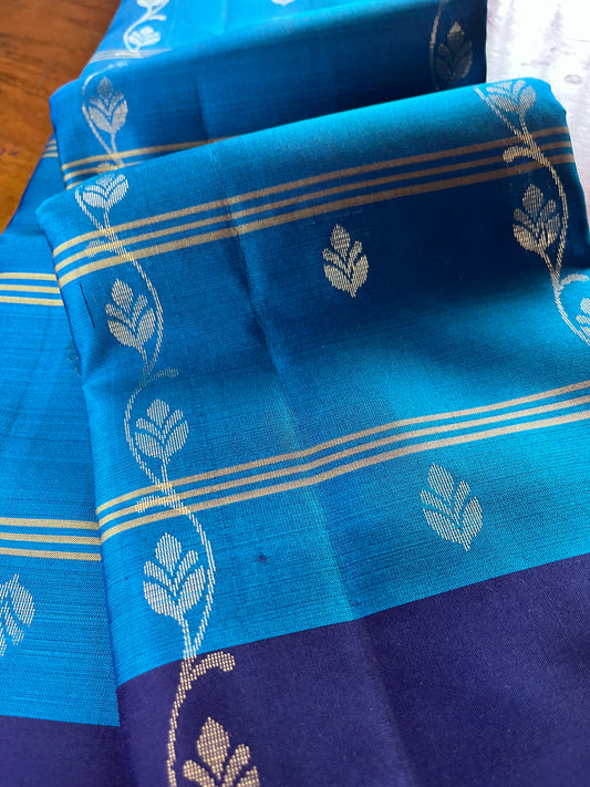 New arrival: Handloom Double Warp beautiful sky blue with navy blue triple striped floral Soft Silk Saree