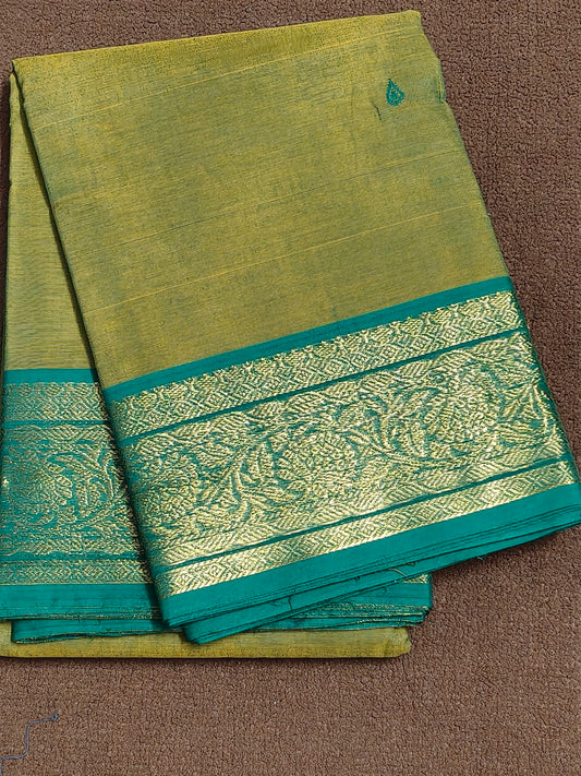 Pure handloom chettinadu kandangi saree without blouse : Beautiful green and mustard double shade kanchi border