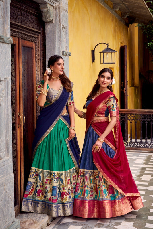 NITRIYA catalogue Fancy Semi stitched  Poly Chanderi lehenga, designed with delicate Zari stripes and enhanced with Kalamkari prints - New arrival ready for dispatch