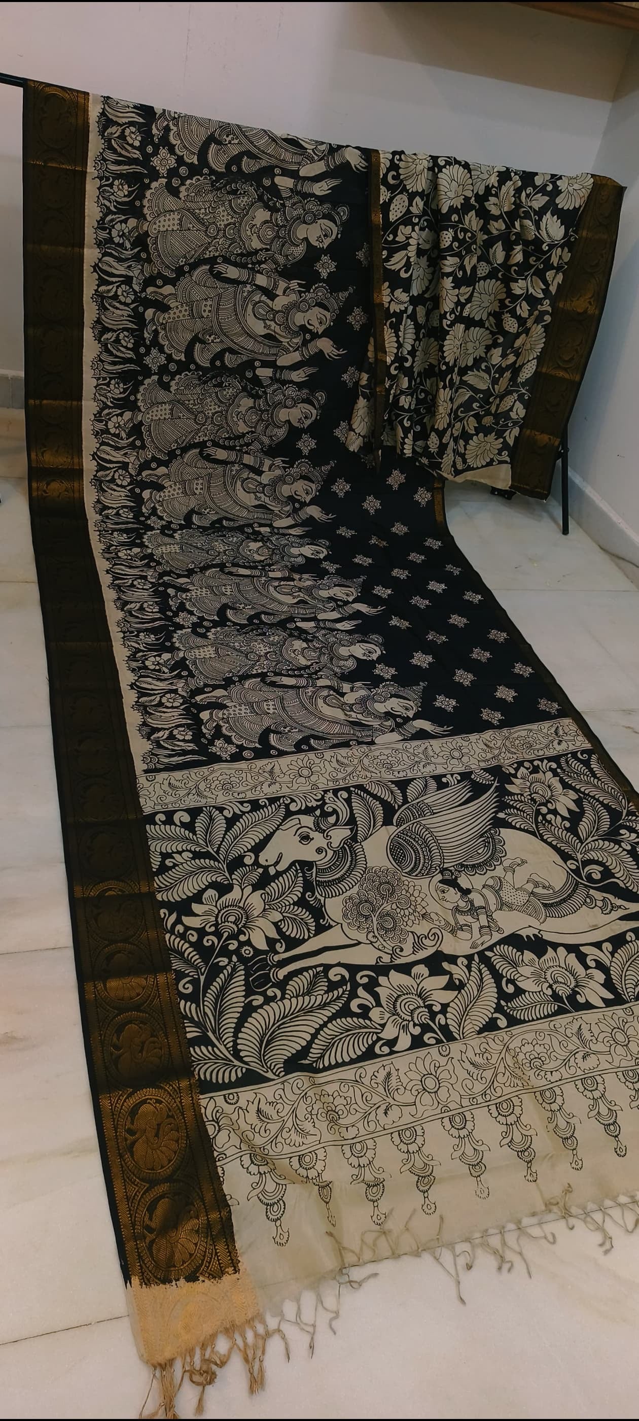 Pre Order Kalamkari Bangalore silk with designer zari border black and white sarees