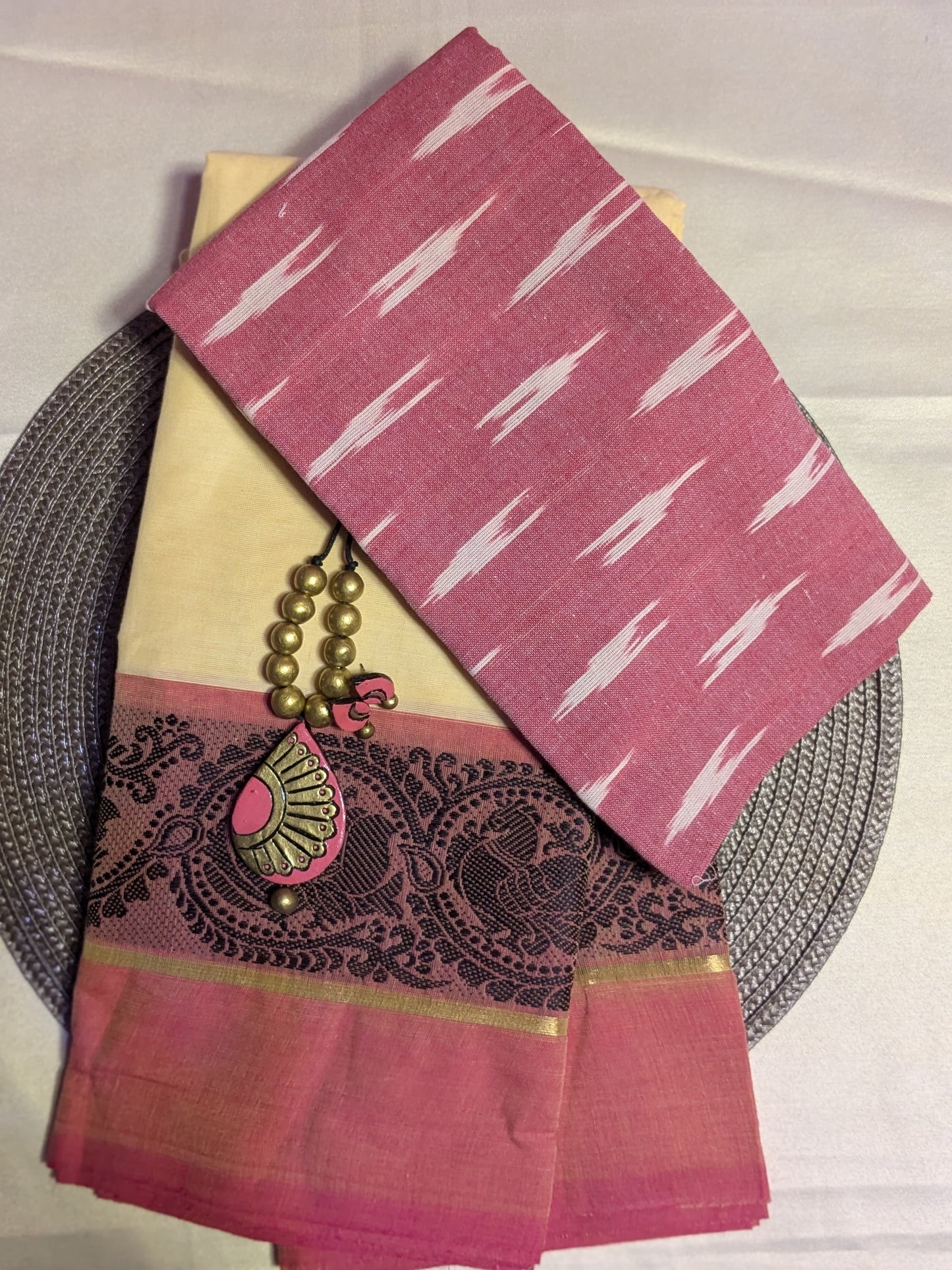 New collection: Pure Chettinad cotton saree with ikkat blouse & terracotta set