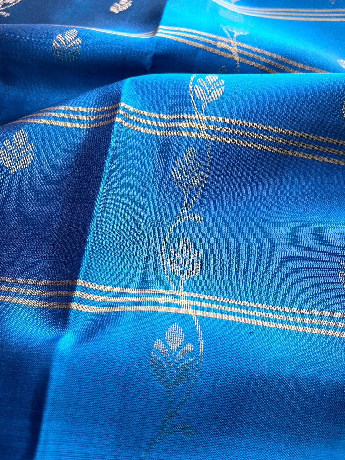 New arrival: Handloom Double Warp beautiful sky blue with navy blue triple striped floral Soft Silk Saree