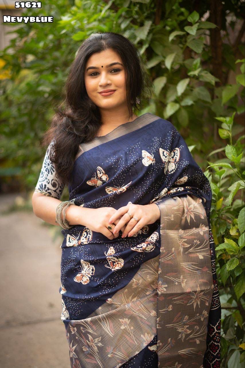 Soft Chanderi linen saree with pretty butterfly prints