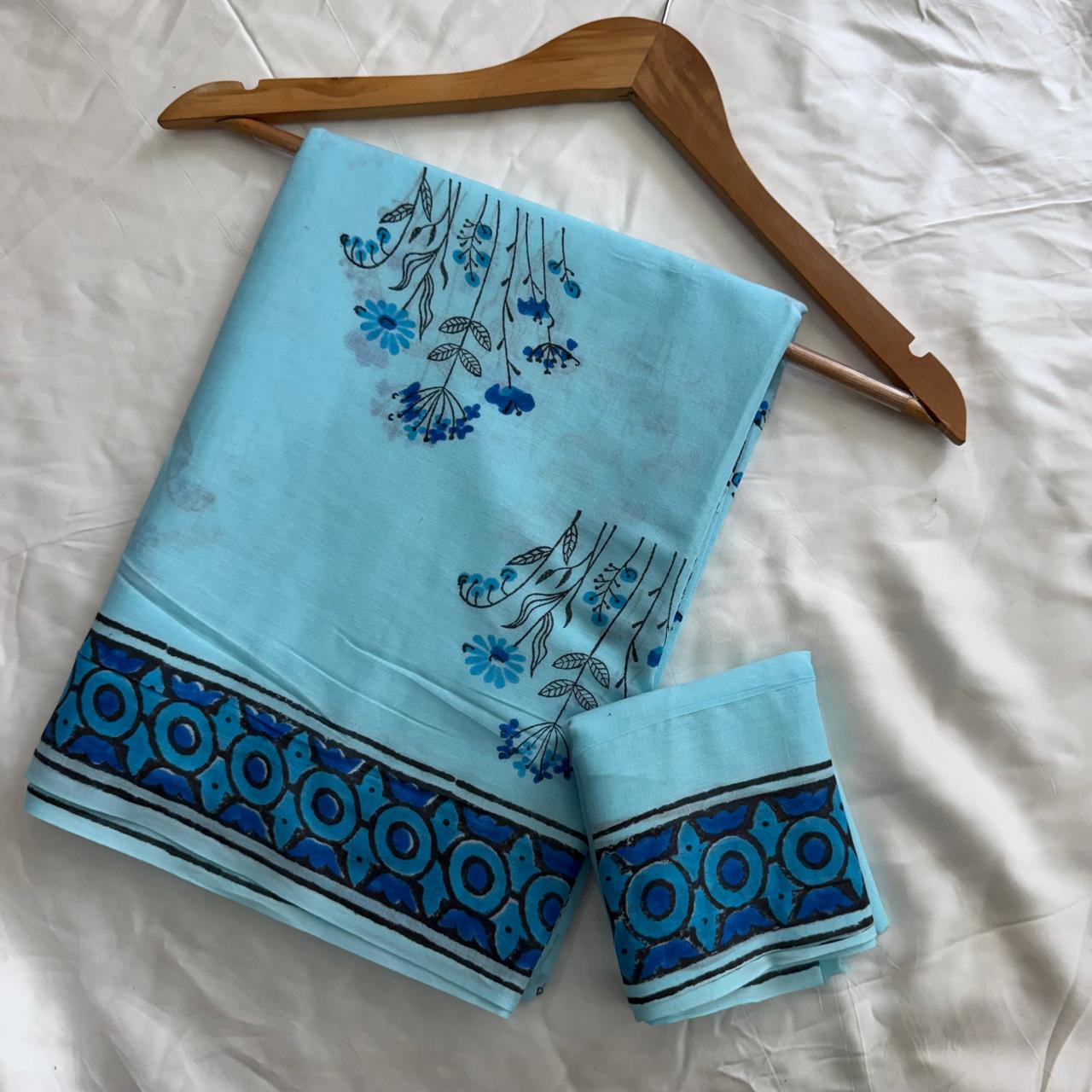 Pre-Order Bagru handBlock Print Cotton mulmul Sarees With Running Blouse