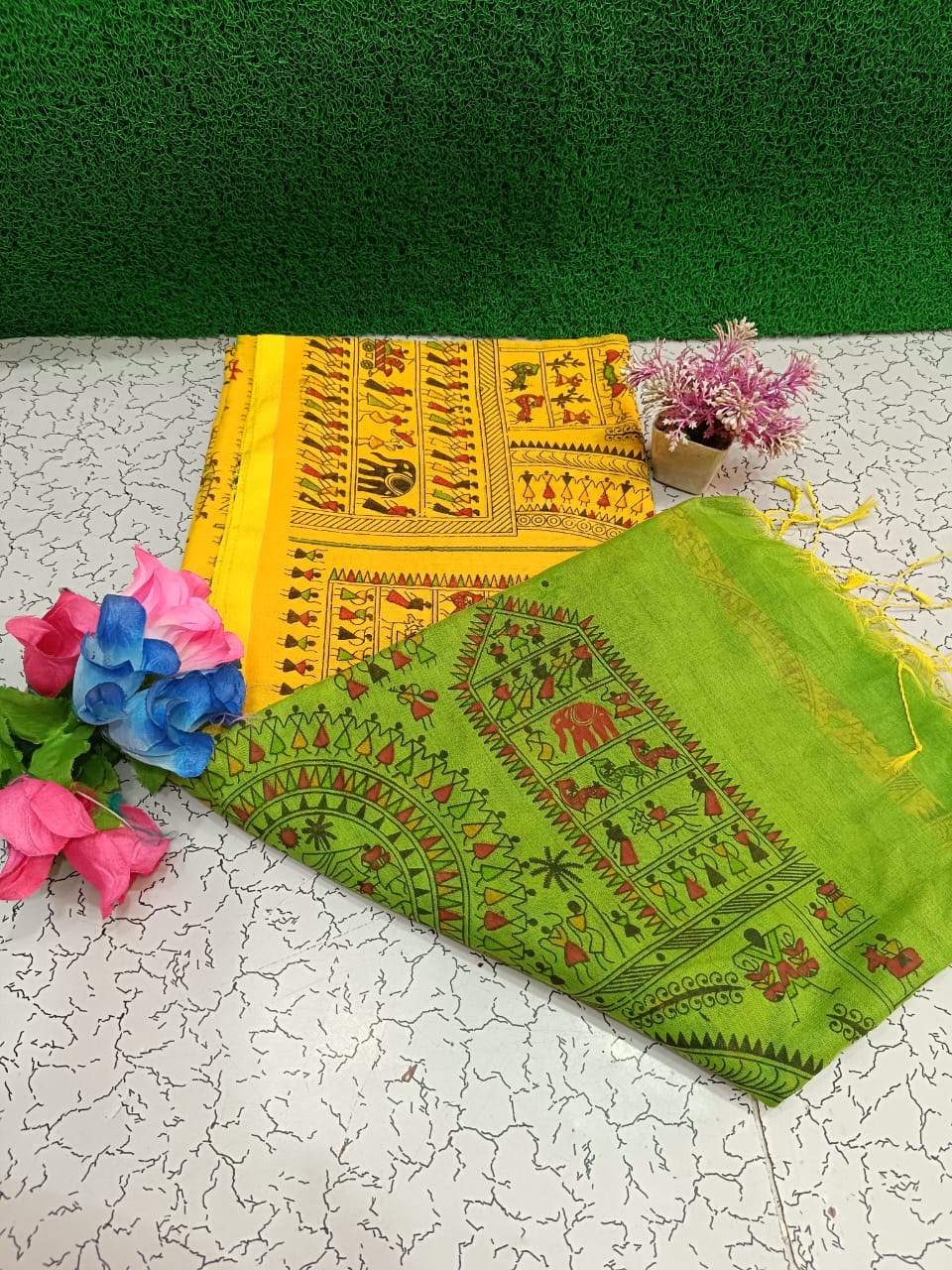 Pre-order Lovely Madhubani block print saree Cotton silk - Contact by chat for colour availability