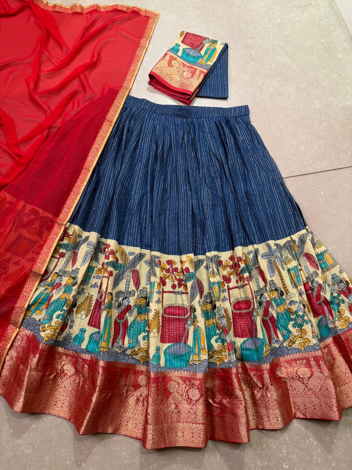 NITRIYA catalogue Fancy Semi stitched  Poly Chanderi lehenga, designed with delicate Zari stripes and enhanced with Kalamkari prints - New arrival ready for dispatch