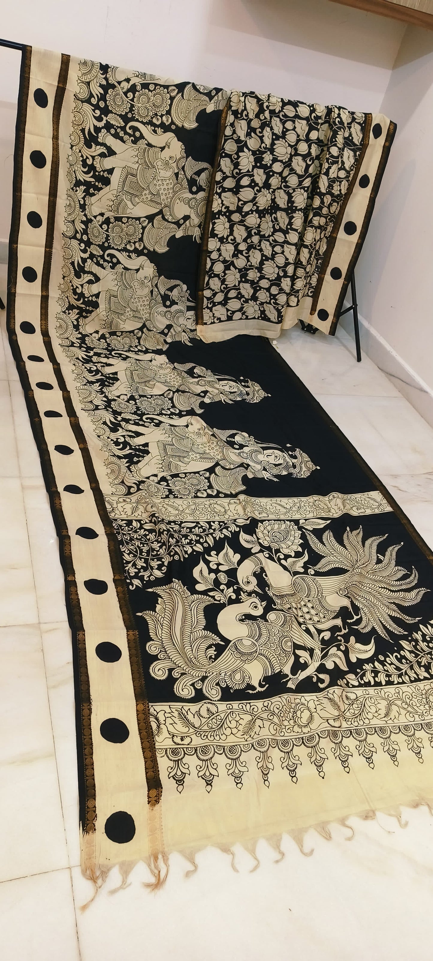 Pre Order Kalamkari Bangalore silk with designer zari border black and white sarees