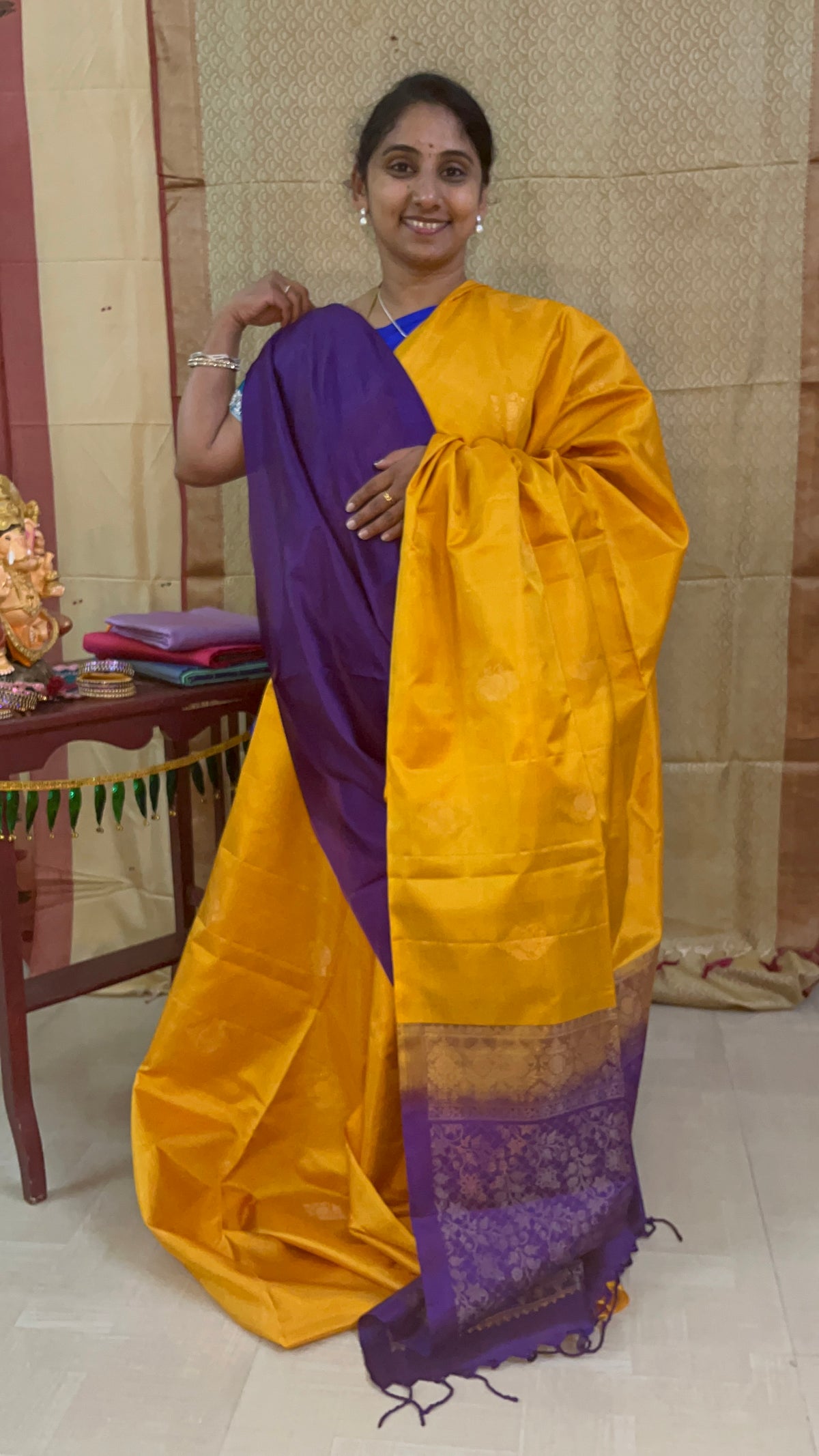 Bright yellow with dark purple beautiful handloom pure soft silk saree