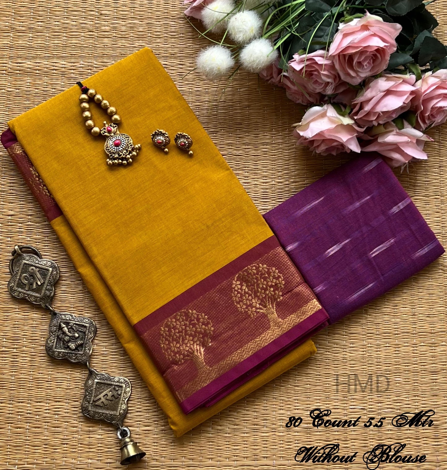 New collection: Pure Chettinad cotton saree with ikkat blouse & terracotta set