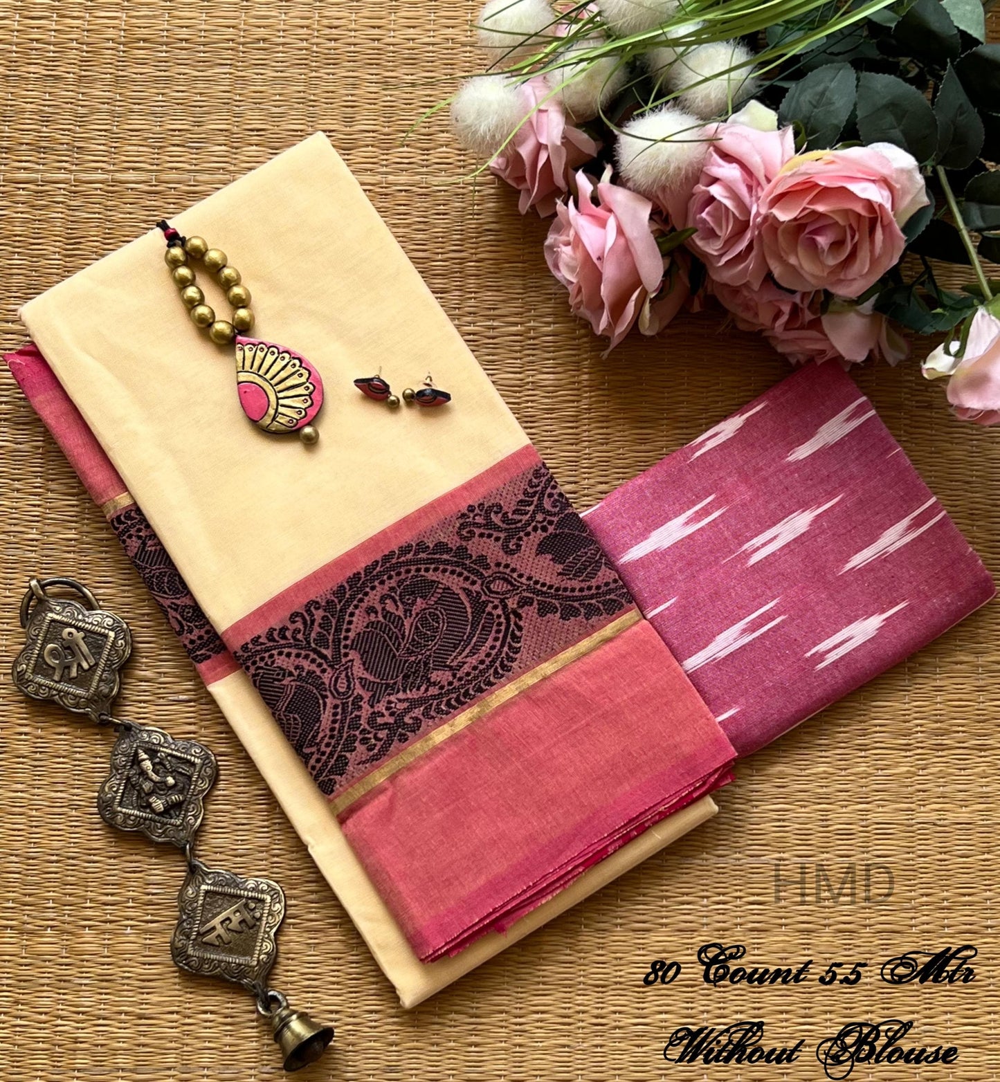 New collection: Pure Chettinad cotton saree with ikkat blouse & terracotta set