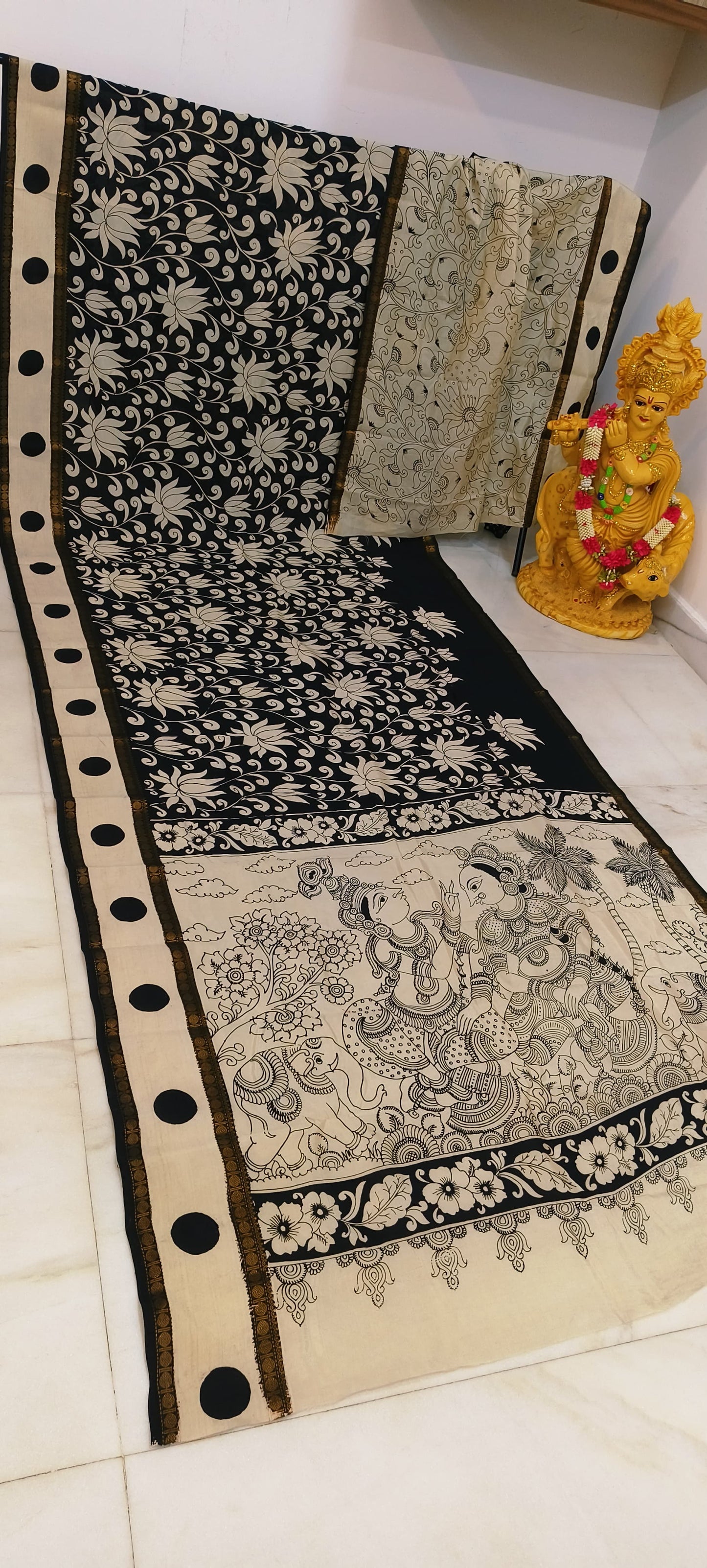 Pre Order Kalamkari Bangalore silk with designer zari border black and white sarees