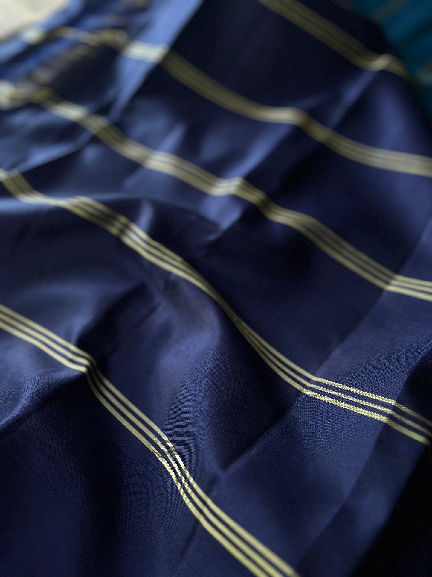 New arrival: Handloom Double Warp beautiful sky blue with navy blue triple striped floral Soft Silk Saree