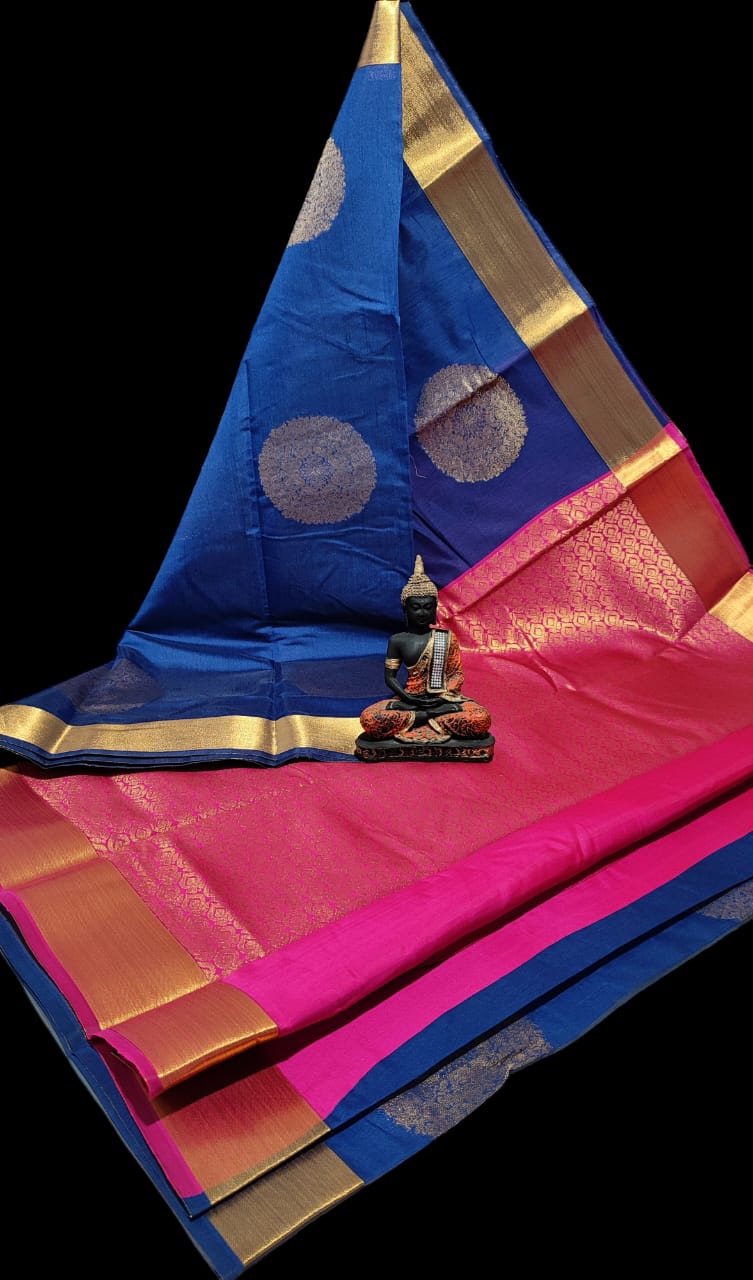 Pre-order Handloom Mercerized silk cotton sarees with all over chakra butta and korvai design.