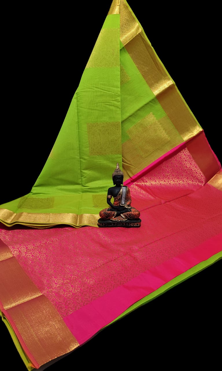 Pre-order Handloom Mercerized silk cotton sarees with all over chakra butta and korvai design.