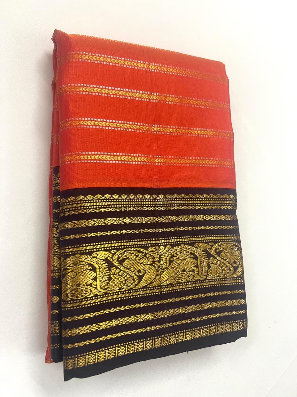 KANCHIPURAM PURE SILK HANDLOOM SAREE WITH 2G JARI : New Arrival unique piece : ORANGE LOVE