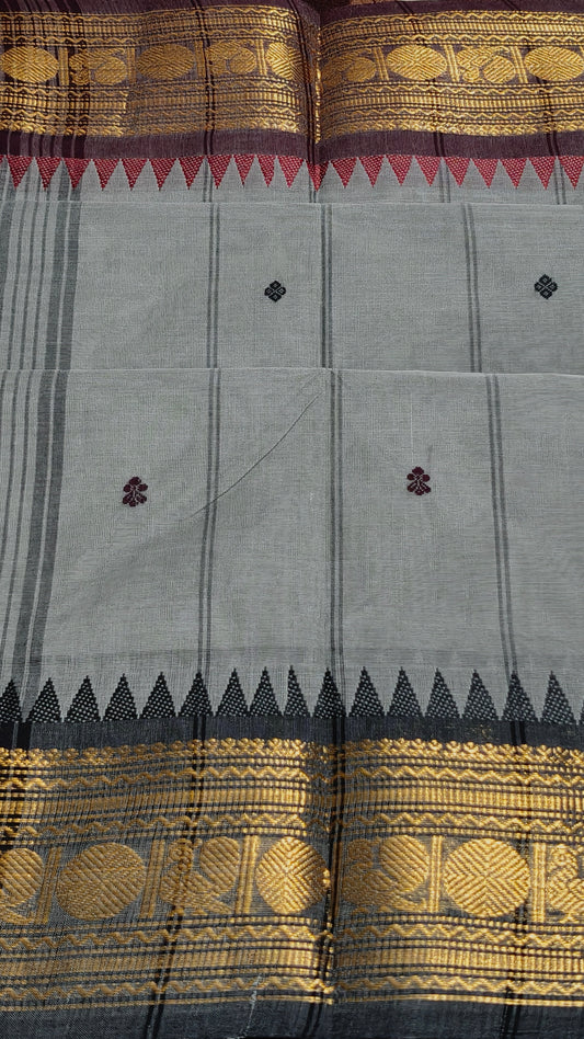 Pure handloom chettinadu kandangi saree without blouse : Beautiful grey saree with two colour border red and black with temple design