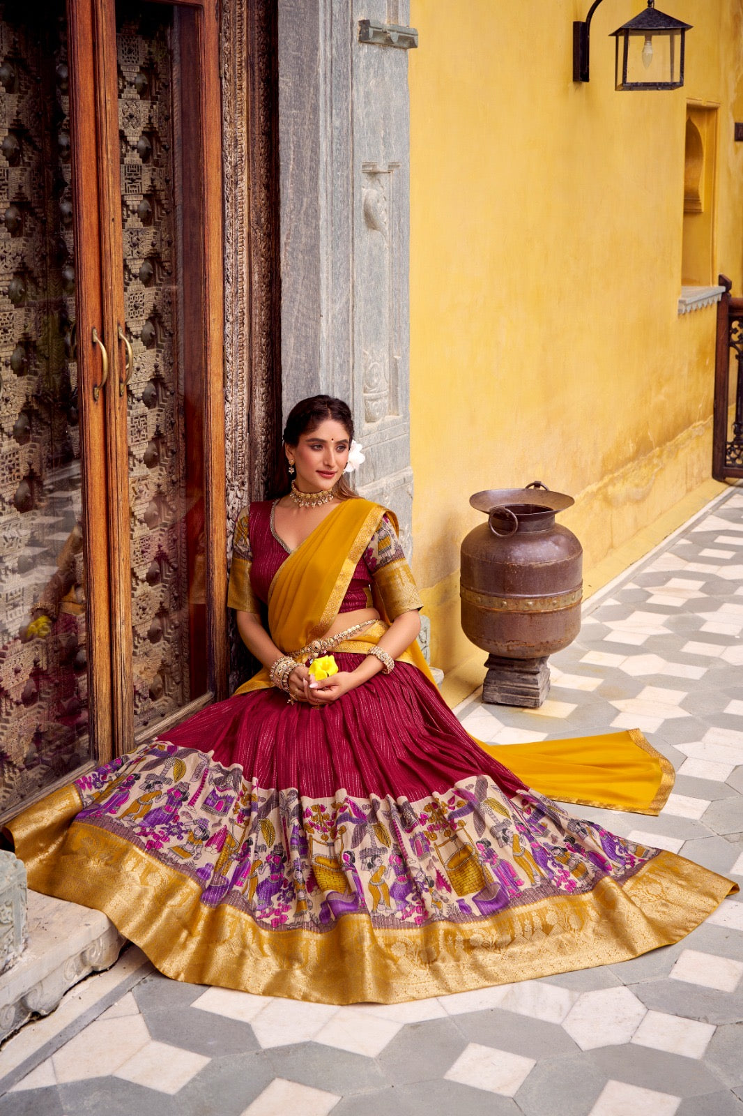 NITRIYA catalogue Fancy Semi stitched  Poly Chanderi lehenga, designed with delicate Zari stripes and enhanced with Kalamkari prints - New arrival ready for dispatch