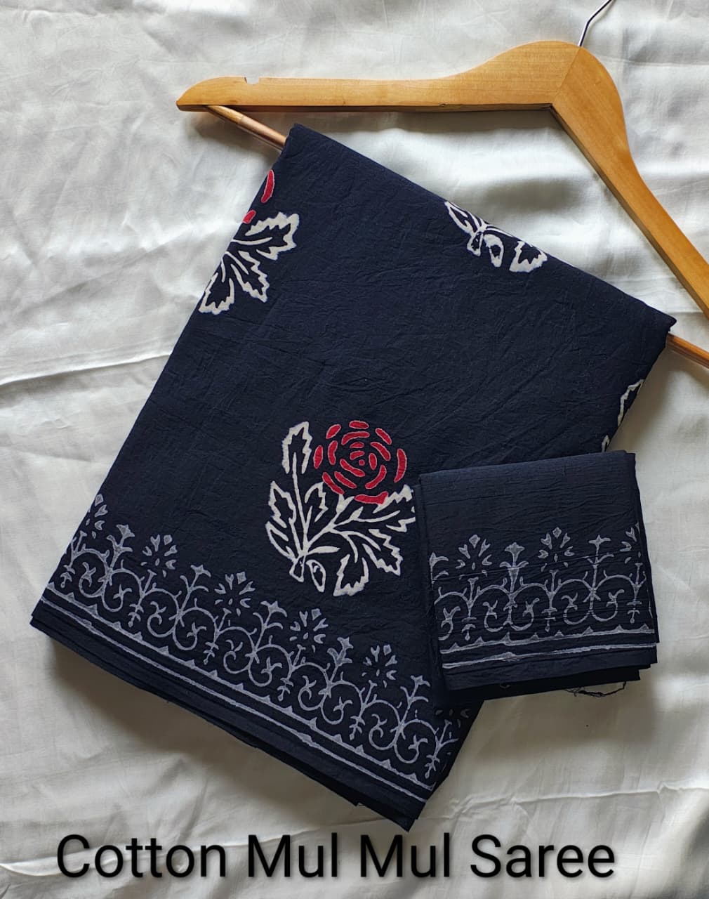 Pre-Order Black Bagru handBlock Print Cotton mulmul Sarees With Running Blouse